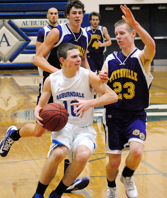 Auburndale's Blake Anderson drives to the basket during Tuesday's Marawood Conference South Division game against Pittsville. (Photo by Paul Lecker/MarshfieldAreaSports.com)