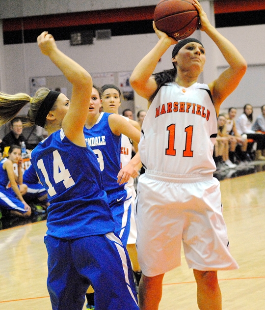 Marshfield's Natalie Zuelke scores inside during Thursday's win over Auburndale at Marshfield High School. (Photo by Paul Lecker/MarshfieldAreaSports.com)