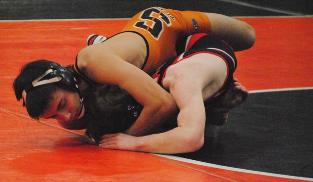 Stratford's Derek Marten takes control of Marathon's Hunter Reed on his way to a 9-1 major decision in the 132-pound match of the Tigers win on Thursday at Stratford High School. (Photo by Paul Lecker/MarshfieldAreaSports.com)