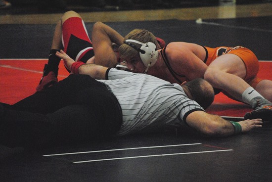 Stratford's Jeremy Schoenherr pins a Marathon opponent during a recent dual meet. Schoenherr is 30-0 this season. (Photo by Paul Lecker/MarshfieldAreaSports.com)