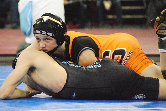 Stratford freshman Macey Kilty holds control over Caden Calabrese of Kenosha Christian Life during a Division 3 106-pound quarterfinal at the WIAA State Individual Wrestling Tournament in Madison on Friday morning. Kilty won to advance to the semifinals. (Photo by Paul Lecker/MarshfieldAreaSports.com)