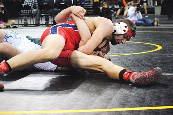 Spencer/Columbus' Hunter Luepke controls Rylan Burrows of Adams-Friendship on his way to a 5-4 victory in a Division 2 182-pound preliminary match Thursday at the WIAA State Individual Wrestling Tournament in Madison. (Photo by Paul Lecker/MarshfieldAreaSports.com)