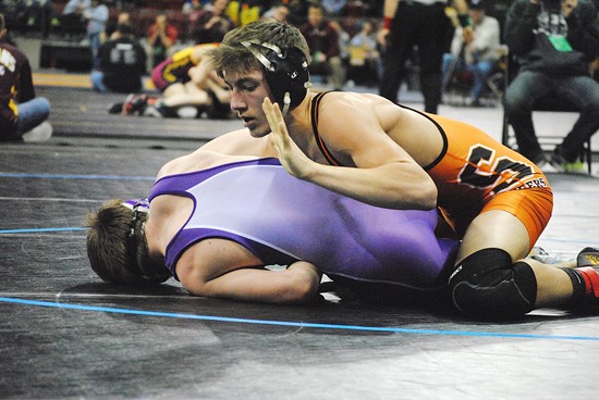 Stratford's David Marquardt controls Josh Conrad of Independence/Gilmanton on his way to a victory in a Division 3 145-pound preliminary match Thursday night at the WIAA State Individual Wrestling Tournament in Madison. (Photo by Paul Lecker/MarshfieldAreaSports.com)