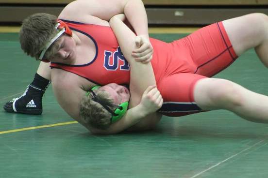 Spencer/Columbus' Logan Zschernitz pins an opponent from Edgar in a 285-pound match a recent dual meet. (Submitted photo/SC Wrestling)