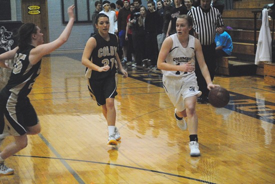 Columbus Catholic's Abby Baierl, right, was a second-team selection to the 2015-16 All-Cloverbelt Conference East Division Girls Basketball Team. (Photo by Paul Lecker/MarshfieldAreaSports.com)