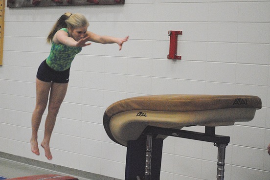 Marshfield freshman Emma Haugen practices on the vault on Tuesday as she prepares for the 2016 WIAA State Gymnastics Meet in Wisconsin Rapids on Saturday. (Photo by Paul Lecker/MarshfieldAreaSports.com)