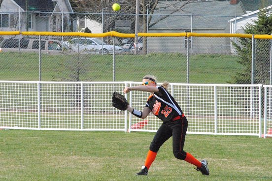 Marshfield centerfielder Jenna Jakobi throws into the infield during the Tigers' game against D.C. Everest on Thursday at the Marshfield Fairgrounds. (Photo by Paul Lecker/MarshfieldAreaSports.com)