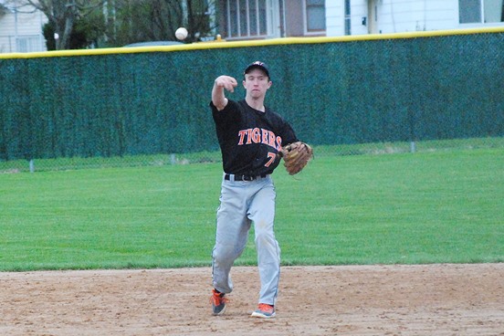 Marshfield second baseman Connor Jasurda throws out a runner during the Tigers' loss to Stevens Point on Tuesday at Jack Hackman Field in Marshfield. (Photo by Paul Lecker/MarshfieldAreaSports.com)
