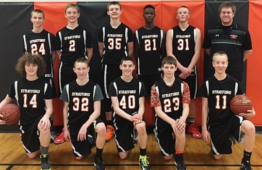 The Stratford eighth grade boys basketball team finished second at the 2016 Wisconsin State Invitational Championship Tournament last weekend in Stevens Point. Team members are, in front from left to right, Tyler Lappe, Isaac Thompson, James Heeg, Justin Radke, and Chandler Schmidt. Back row, Dawson Danen, Ben Barten, Vaughn Breit, Teddy Redman, Jaykob Mikelson, and coach Eric Custer. (Photo submitted by Eric Custer) 