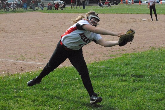 Spencer first baseman Lexi Baehr chases down a foul ball for an out during the fourth inning of Friday's WIAA Division 3 softball regional final against Marathon at Spencer High School. Marathon won 2-1 in nine innings. (Photo by Paul Lecker/MarshfieldAreaSports.com)