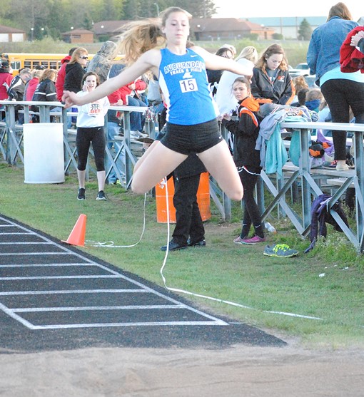 Auburndale senior Sylviann Momont competes in the triple jump at the Marawood Conference South Meet on May 16 at Stratford. Momont will participate in the long jump, triple jump, and 100- and 300-meter hurdles at the WIAA State Track & Field Championships at the University of Wisconsin-La Crosse on Friday and Saturday. (Photo by Paul Lecker/MarshfieldAreaSports.com)