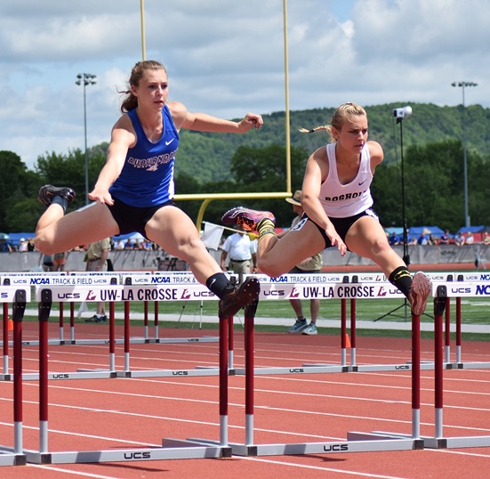 Auburndale's Sylviann Momont, left, runs in the girls Division 3 100-meter hurdles finals at the 2016 WIAA State Track & Field Championships at the University of Wisconsin-La Crosse on Saturday. She medaled in the event, taking sixth place with a time of 16.33. (Photo courtesy of Eric LeJeune/Hub City Times)