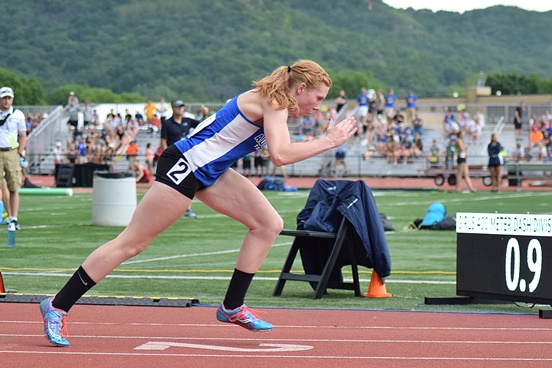 Auburndale's Rachel Gronemeyer gets out of the blocks in the 400-meter dash at the at the 2016 WIAA State Track & Field Championships at the University of Wisconsin-La Crosse on Friday. She finished in 1:01.25 to qualify for Saturday's final. (Photo courtesy of Eric Lejeune/Hub City Times)