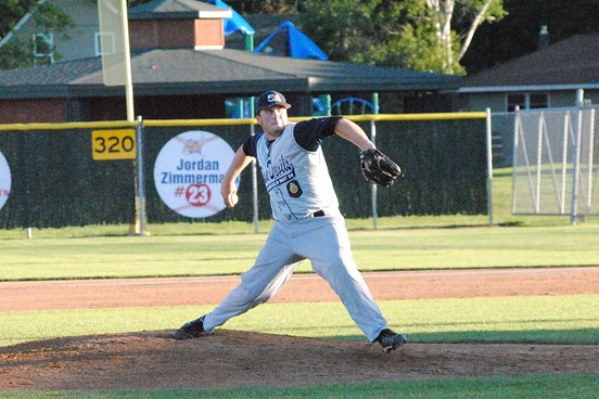 Marshfield Post 54's Jack Donahue delivers a pitch during the first inning of the Blue Devils' 20-7 rout of Plover on Tuesday at Jack Hackman Field in Marshfield. (Photo by Paul Lecker/MarshfieldAreaSports.com)