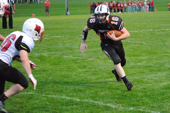 Stratford quarterback Eli Drexler scampers for a first down during the second quarter of the Tigers' win over Marathon on Friday night at Tiger Stadium in Stratford. (Photo by Paul Lecker/MarshfieldAreaSports.com)