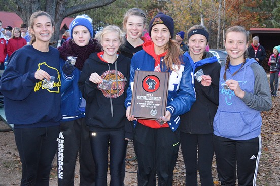 The Auburndale girls cross country team finished second at the WIAA Division 3 sectional at Nine Mile Recreation Area in Rib Mountain on Oct. 21, earning a spot in Saturday’s WIAA State Cross Country Meet. Team members are, from left, Isabella Jewell, Anna Kollross, Vanessa Mitchell, Emmalee Richardson, Kali Karl, Taylor Stanton, and Julianna Kollross. (Submitted photo)