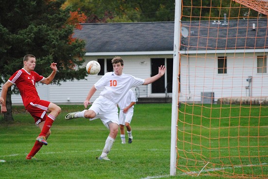 Marshfield's Hunter McManus puts a shot on goal during the Tigers' 4-0 win over Wisconsin Rapids on Tuesday at Griese Park. (Photo by Paul Lecker/MarshfieldAreaSports.com)