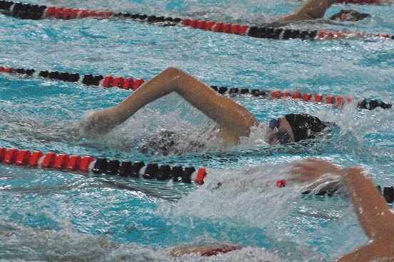 Marshfield senior Grace Hilbelink competes in the 200-yard freestyle at the Tigers' home meet against Wisconsin Rapids on Tuesday. (Photo by Paul Lecker/MarshfieldAreaSports.com)