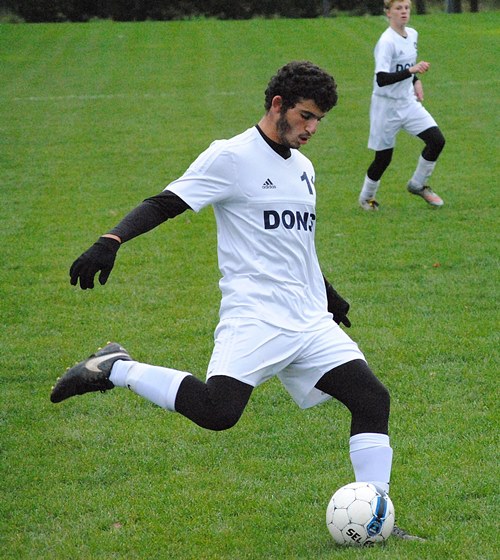 Columbus Catholic's Nadim Torbey kicks toward the middle of the field during the Dons' 9-0 win over Nekoosa in a WIAA Division 4 regional semifinal Thursday at Griese Park. (Photo by Paul Lecker/MarshfieldAreaSports.com)