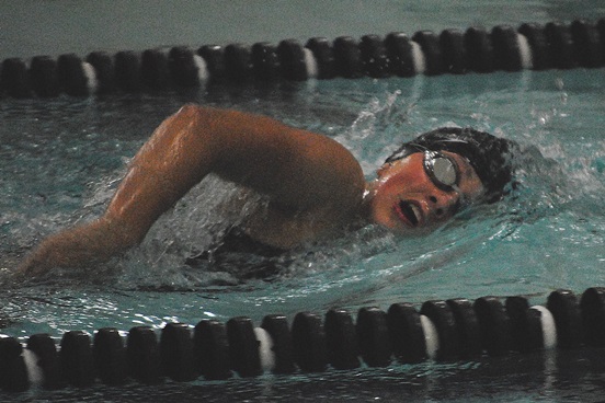 Marshfield sophomore Ryenne Zee swims to victory in the 500-yard freestyle during the Tigers' win over Merrill in a dual meet Tuesday at Marshfield High School. (Photo by Paul Lecker/MarshfieldAreaSports.com)
